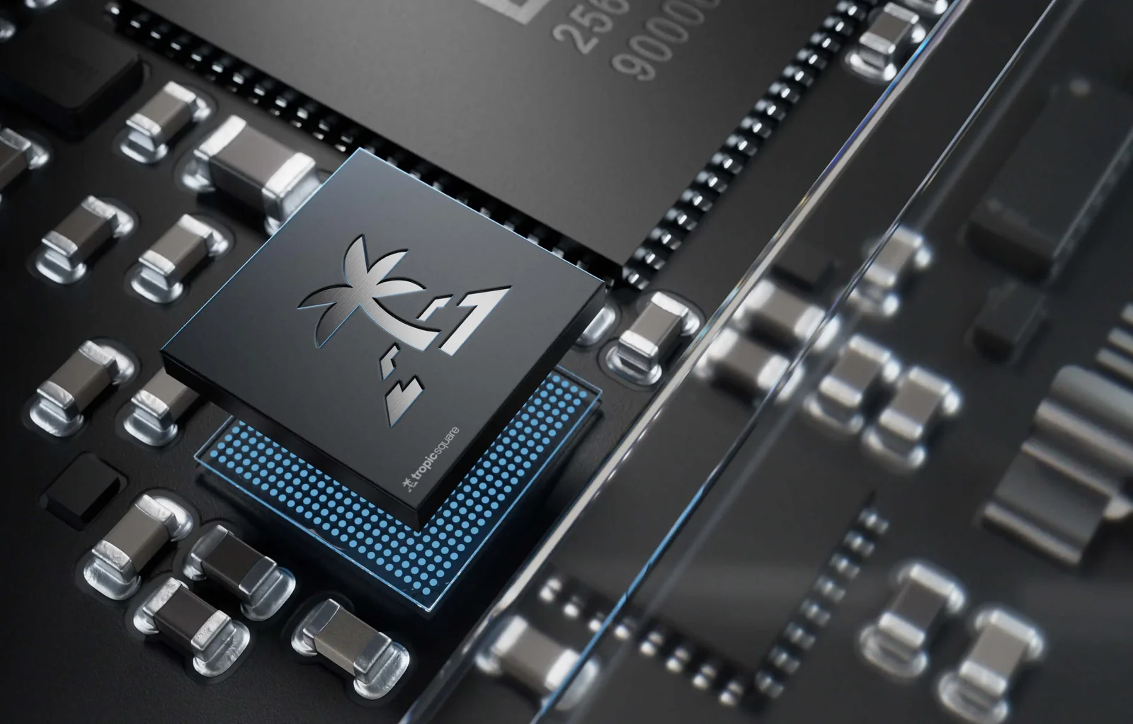 Close-up render of the TROPIC01 secure element chip on the Trezor Safe 7 circuit board