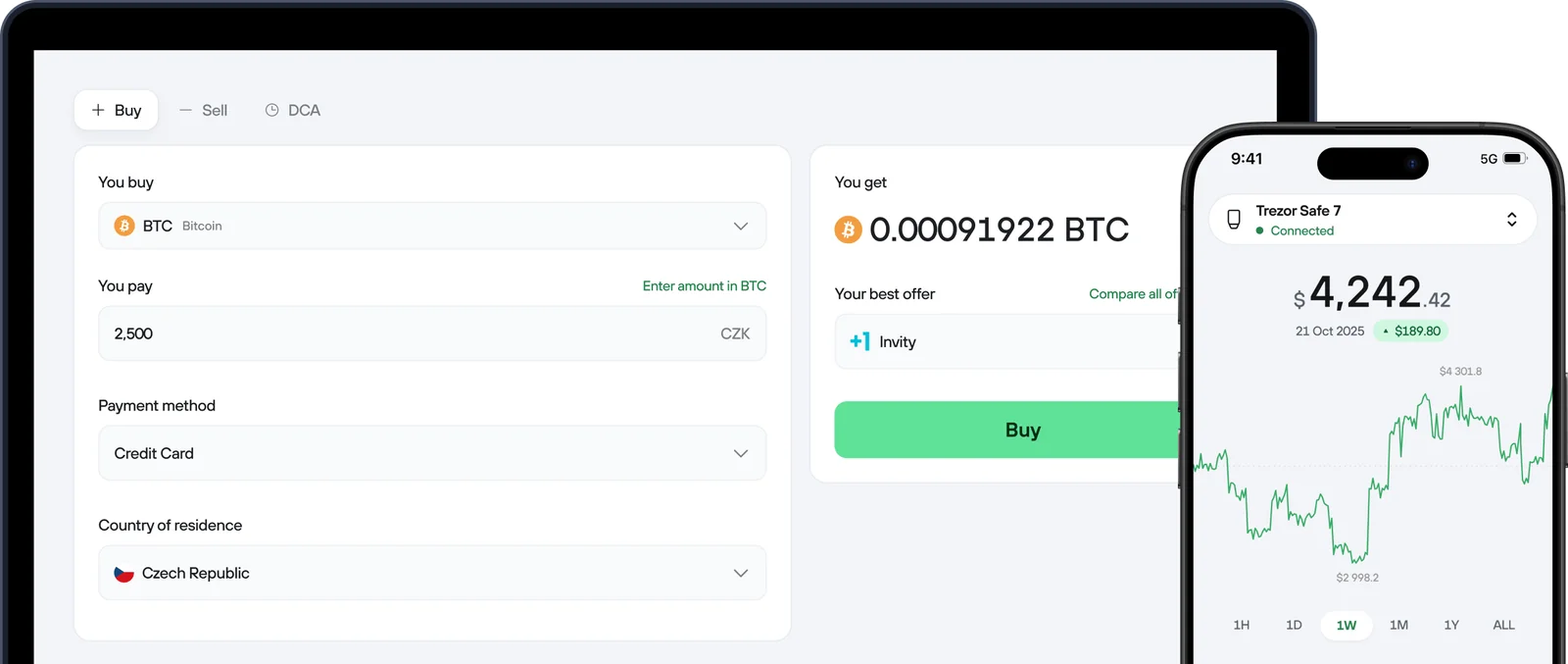 Trezor Suite Buy screen on desktop with coin, payment method and best offer fields, beside the Trezor Suite mobile dashboard