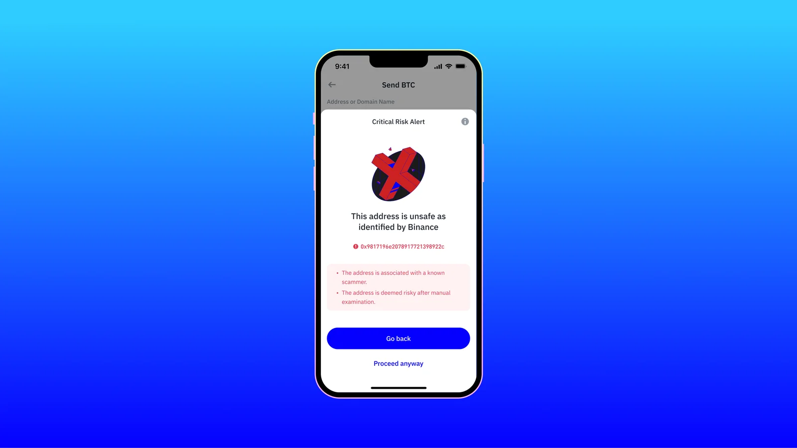 Trust Wallet Security Scanner showing a Critical Risk Alert warning about an unsafe address