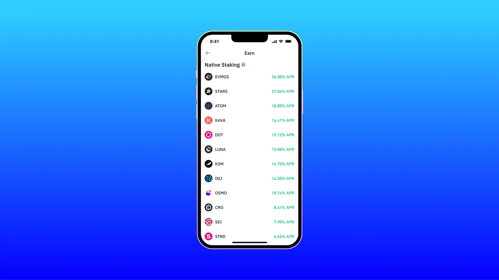 Trust Wallet Earn screen listing in-wallet staking options and reward rates