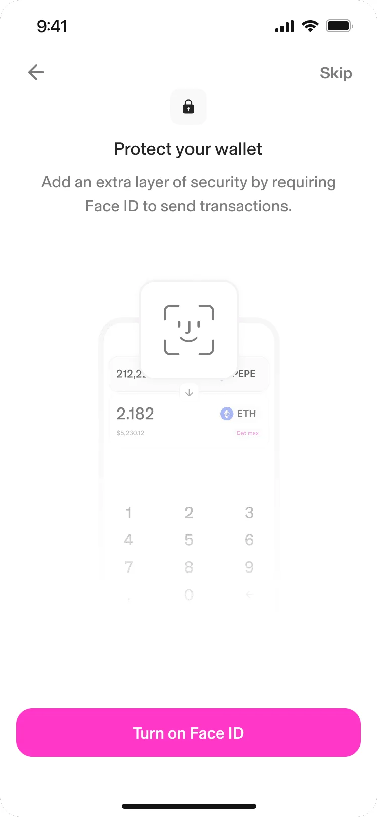 Uniswap Wallet setup screen offering to turn on Face ID for transactions