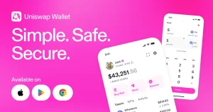 Uniswap Wallet promotional image showing the app portfolio and swap screens on two phones