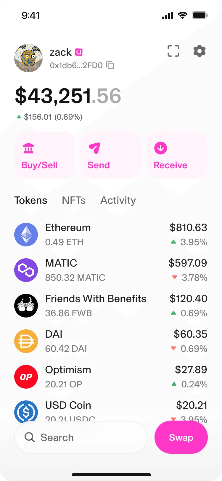 Uniswap Wallet home screen with token balances and the Buy/Sell, Send and Receive buttons
