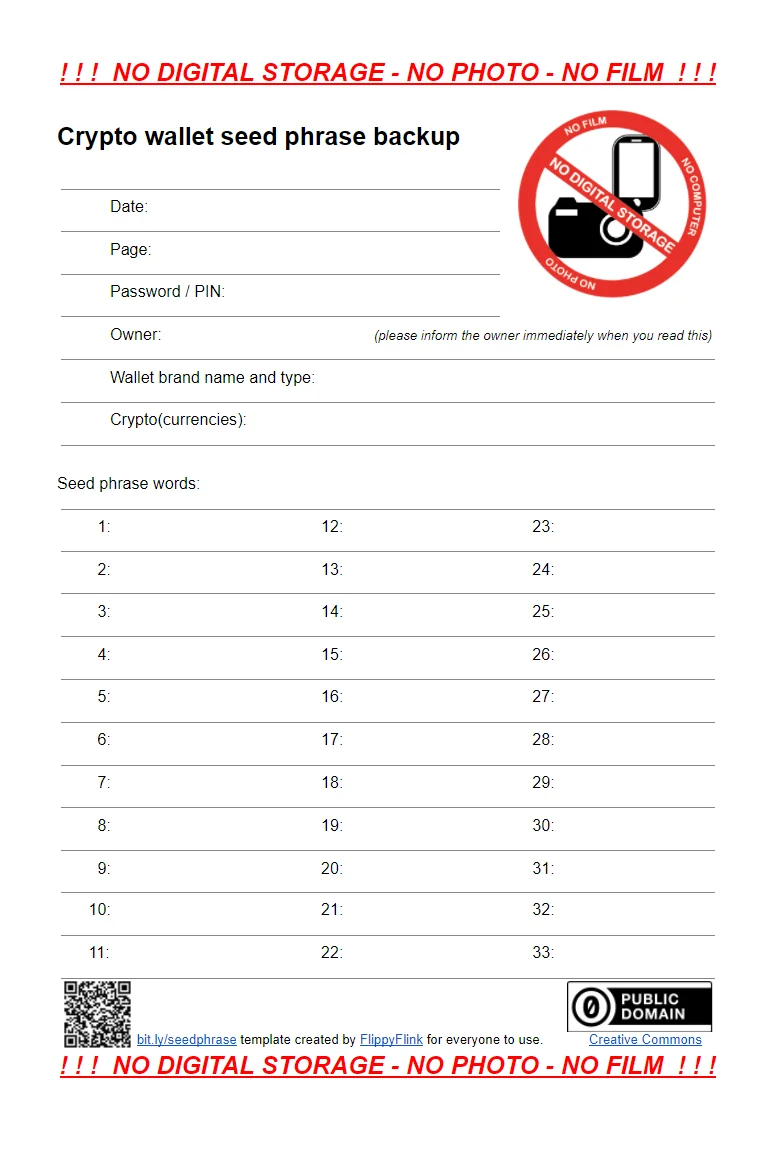 Printable crypto wallet seed phrase backup template with numbered word slots and a no photo, no digital storage warning