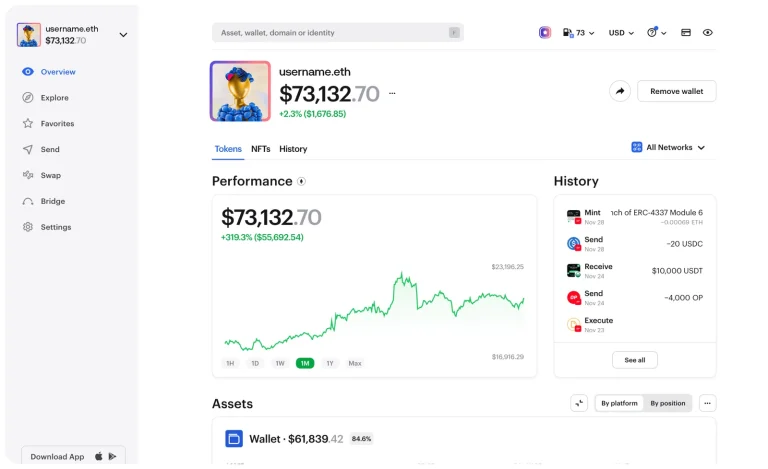 Zerion Wallet desktop interface showing a multi-chain portfolio, performance chart and transaction history