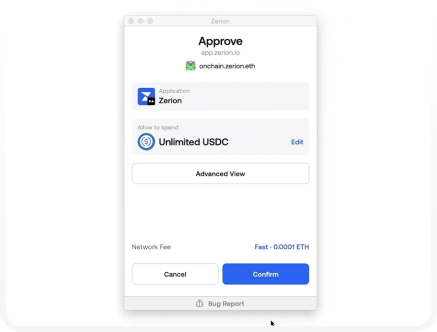 Zerion Wallet approval screen with an editable Unlimited USDC token allowance and a Confirm button